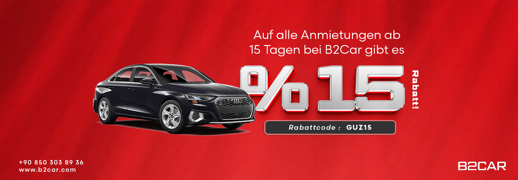 Auf alle Anmietungen ab 15 Tagen bis Ende des Jahres bei B2Car gibt es 15% Rabatt.